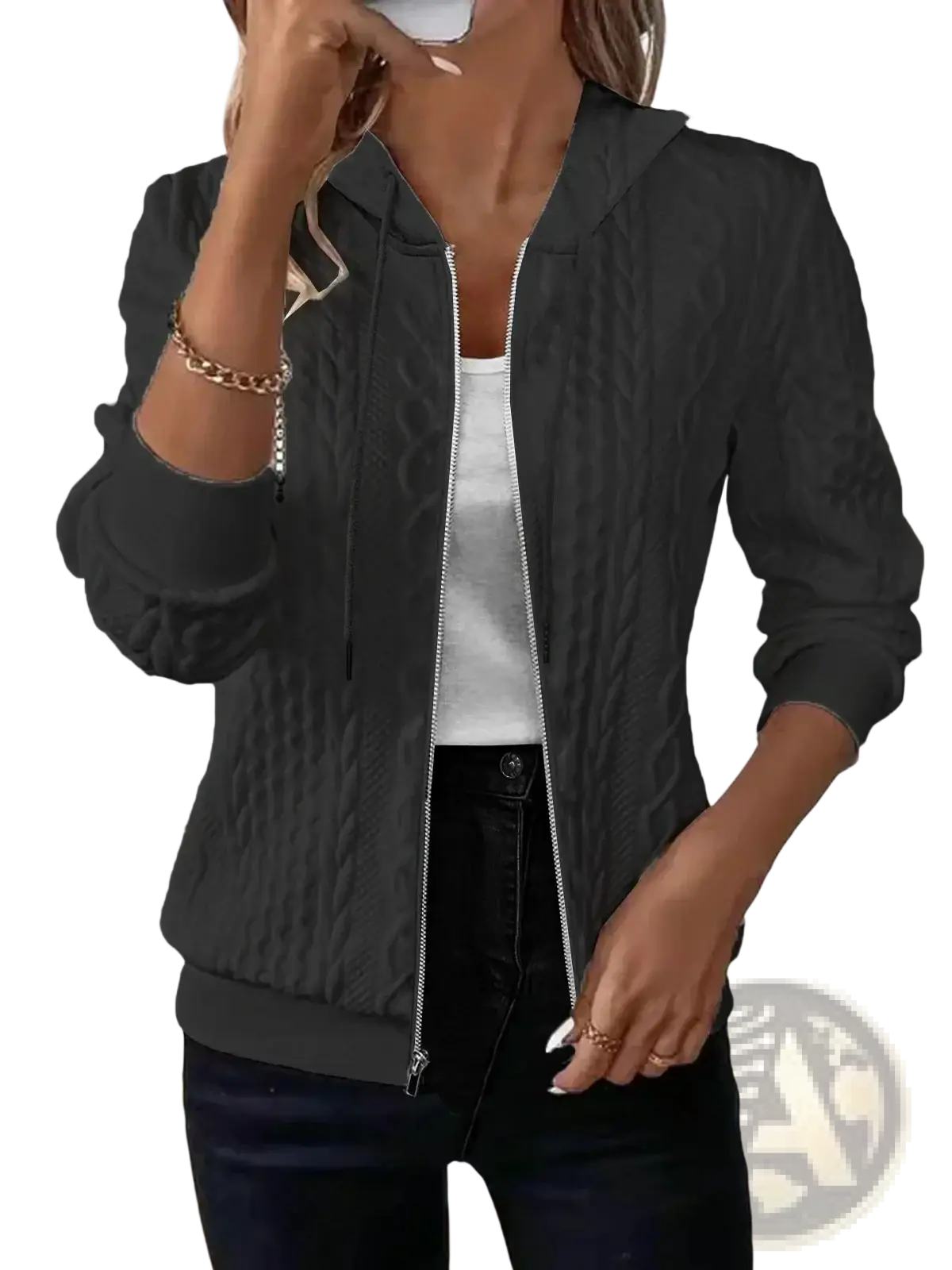 Black cable-knit hooded jacket with silver zipper and drawstring knit zip up hoodie for casual wear