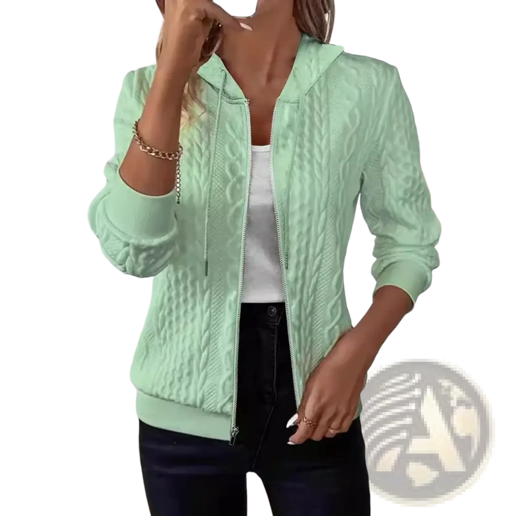 Mint green cable knit hooded jacket with zipper front and ribbed cuffs for casual wear women knit zip up hoodie