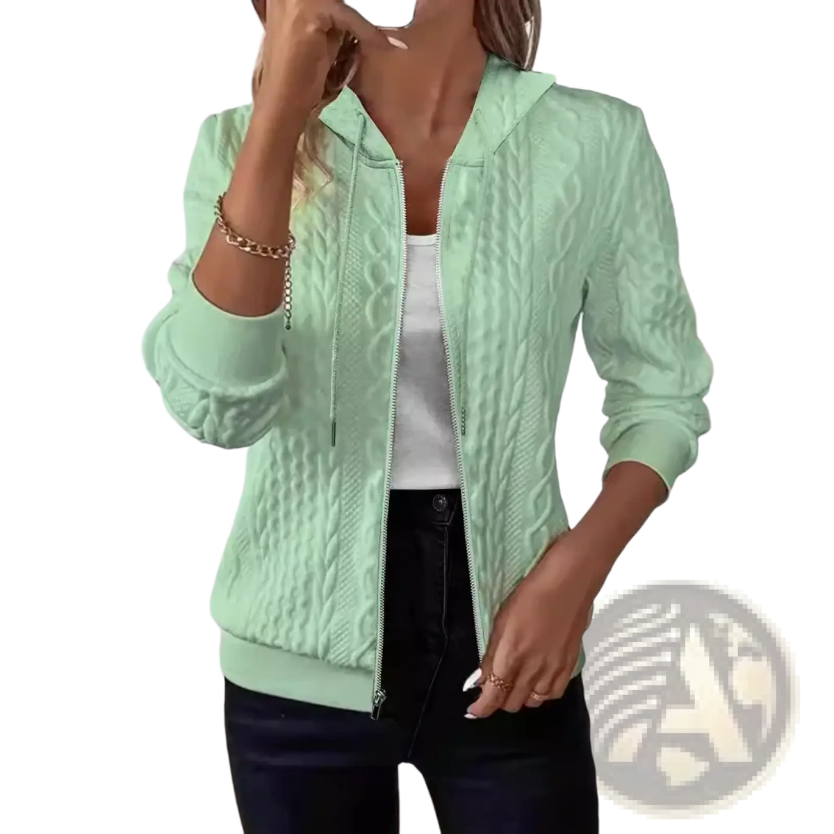 Mint green cable knit hooded jacket with zipper front and ribbed cuffs for casual wear women knit zip up hoodie