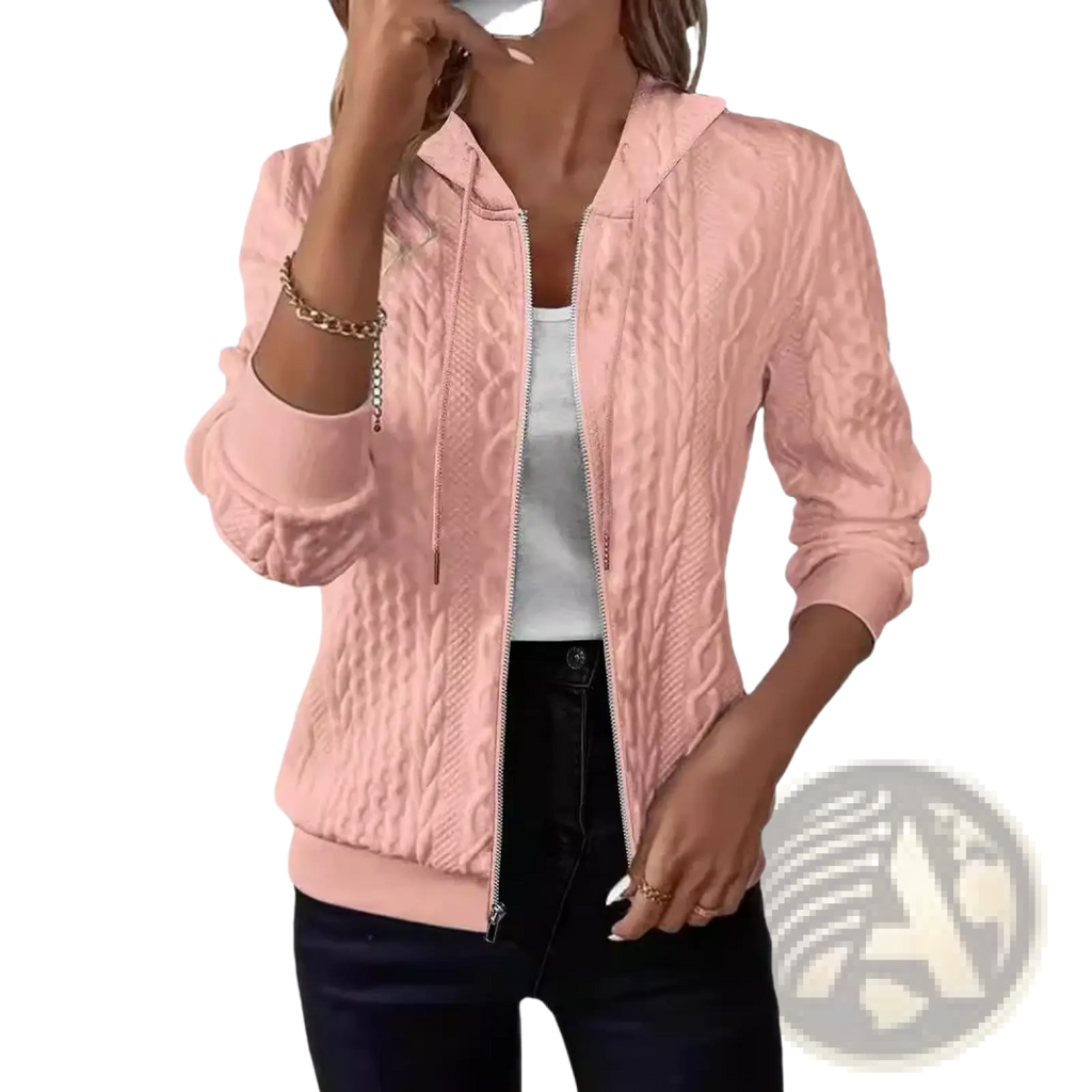 A soft pink cable-knit hooded women knit zip up hoodie casual solid sweater jacket with front zipper and drawstring