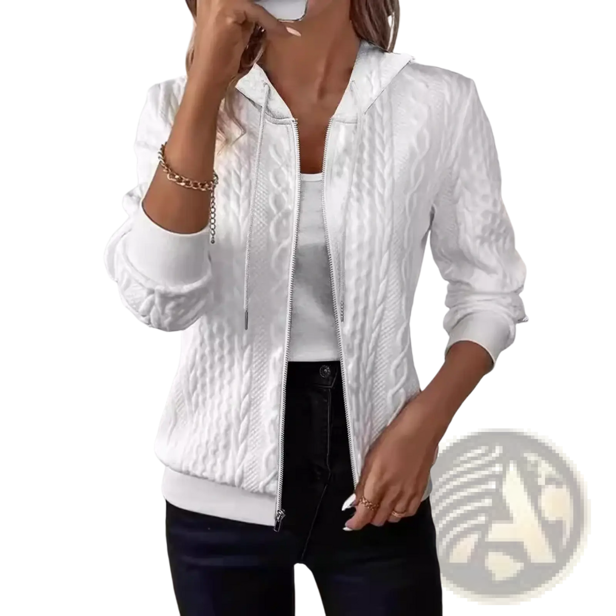 White cable knit hooded jacket with front zipper and drawstring hood for casual wear women knit zip up sweater jacket