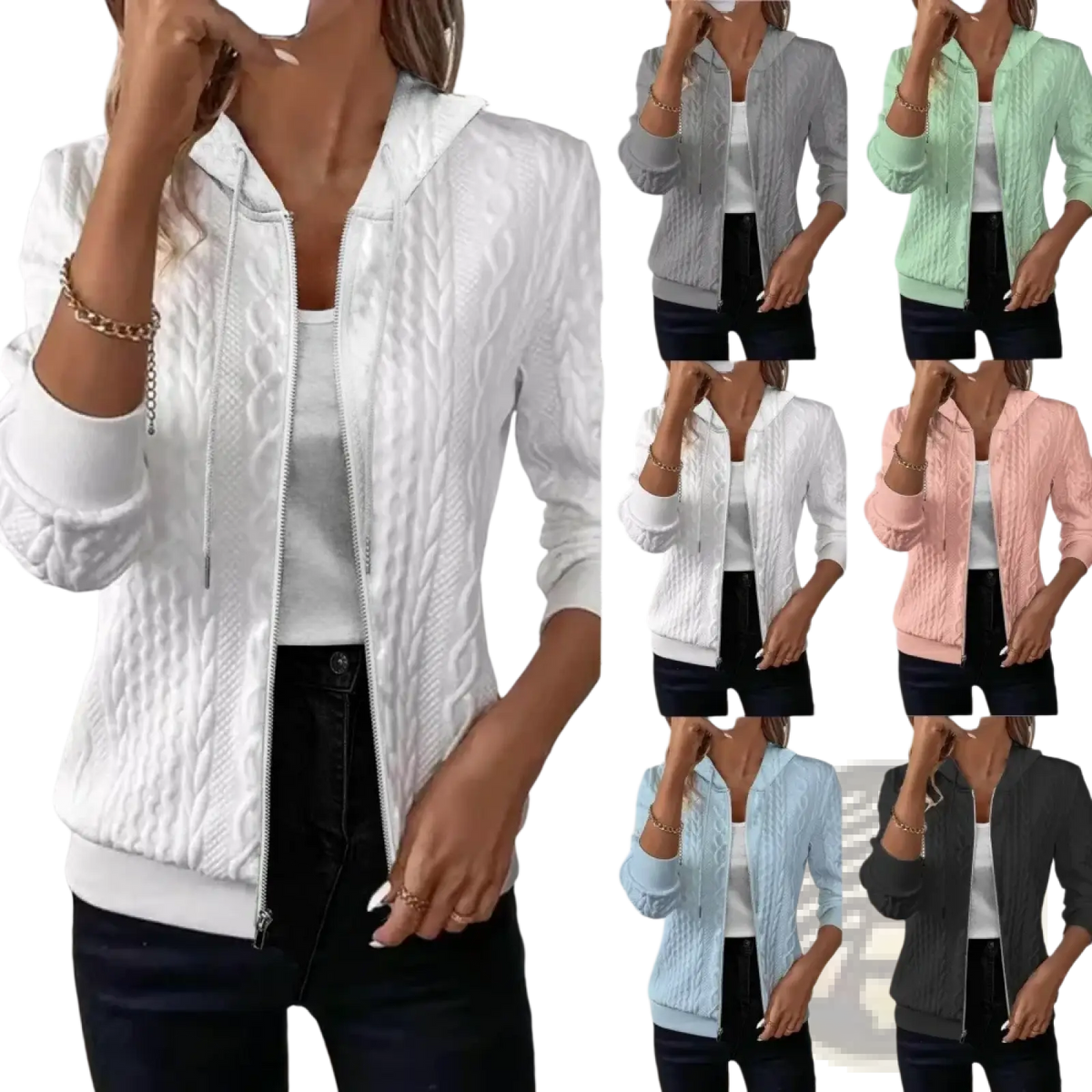 Women knit zip up hoodie casual solid sweater jacket in white cable knit with hood and front zipper shown in multiple colors