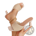 Beige knitted mule sandals with square heel and gold-tone chain anklet for women high heels