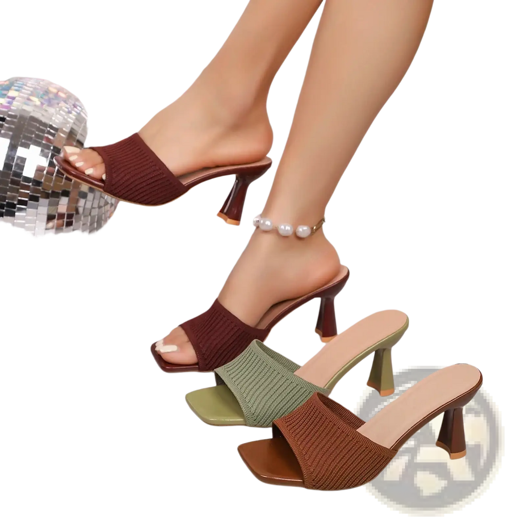Brown knitted fabric mule sandals for women with high block heels and a square toe design