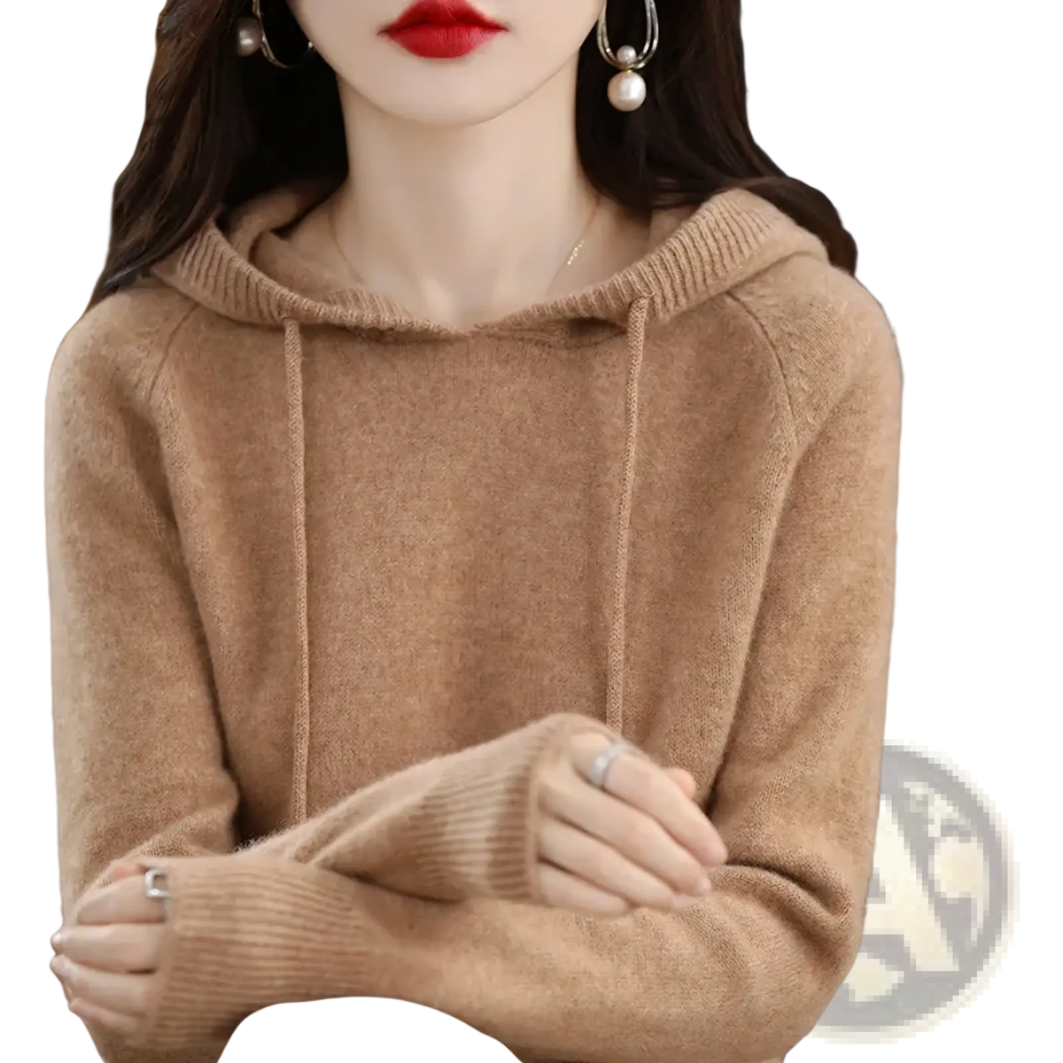 A cozy camel-colored women knitted pullover hoodie with ribbed cuffs and a drawstring hood in knit material