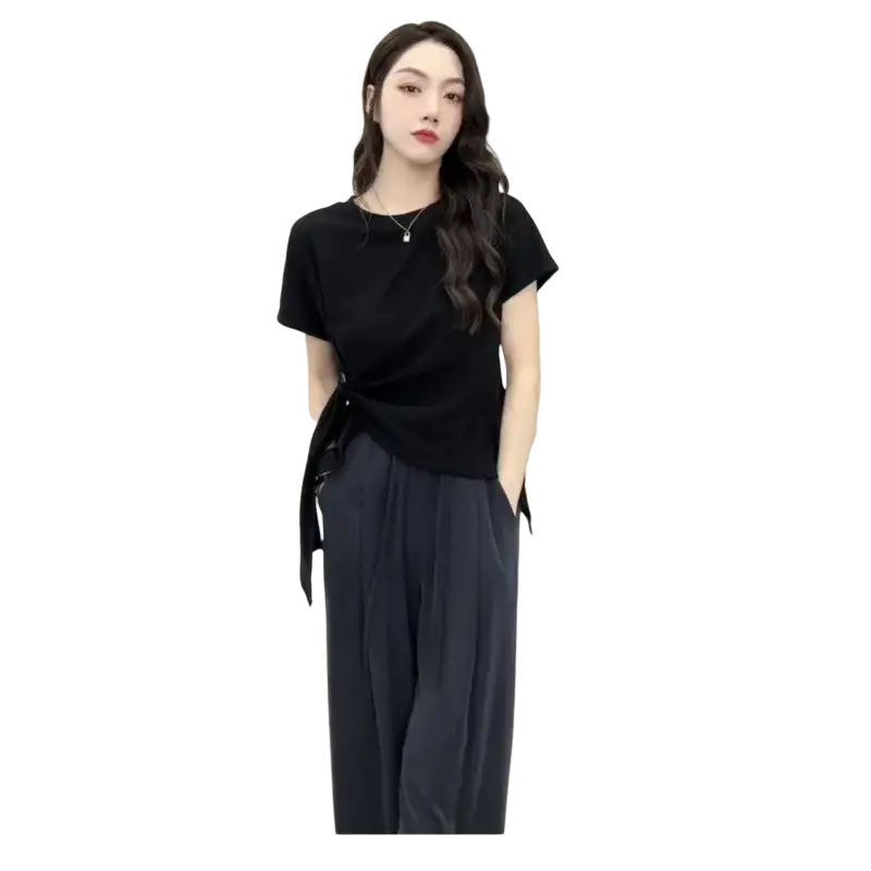 Black short-sleeved casual summer t shirt with knotted front detail made from lightweight fabric for women