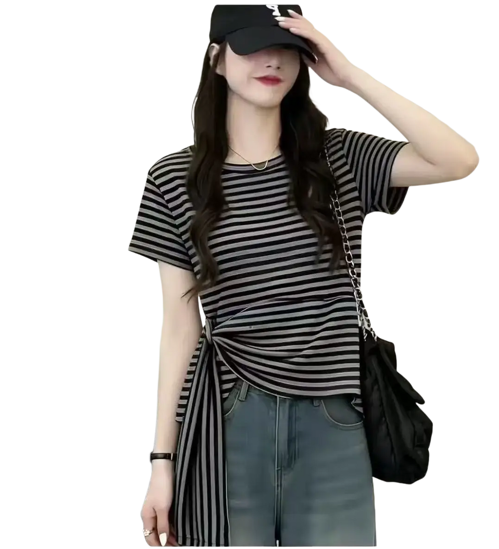 Women knotted casual summer t shirt in black and white stripes with short sleeves and tied waist detail