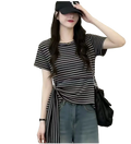 Women knotted casual summer t shirt in black and white stripes with short sleeves and tied waist detail