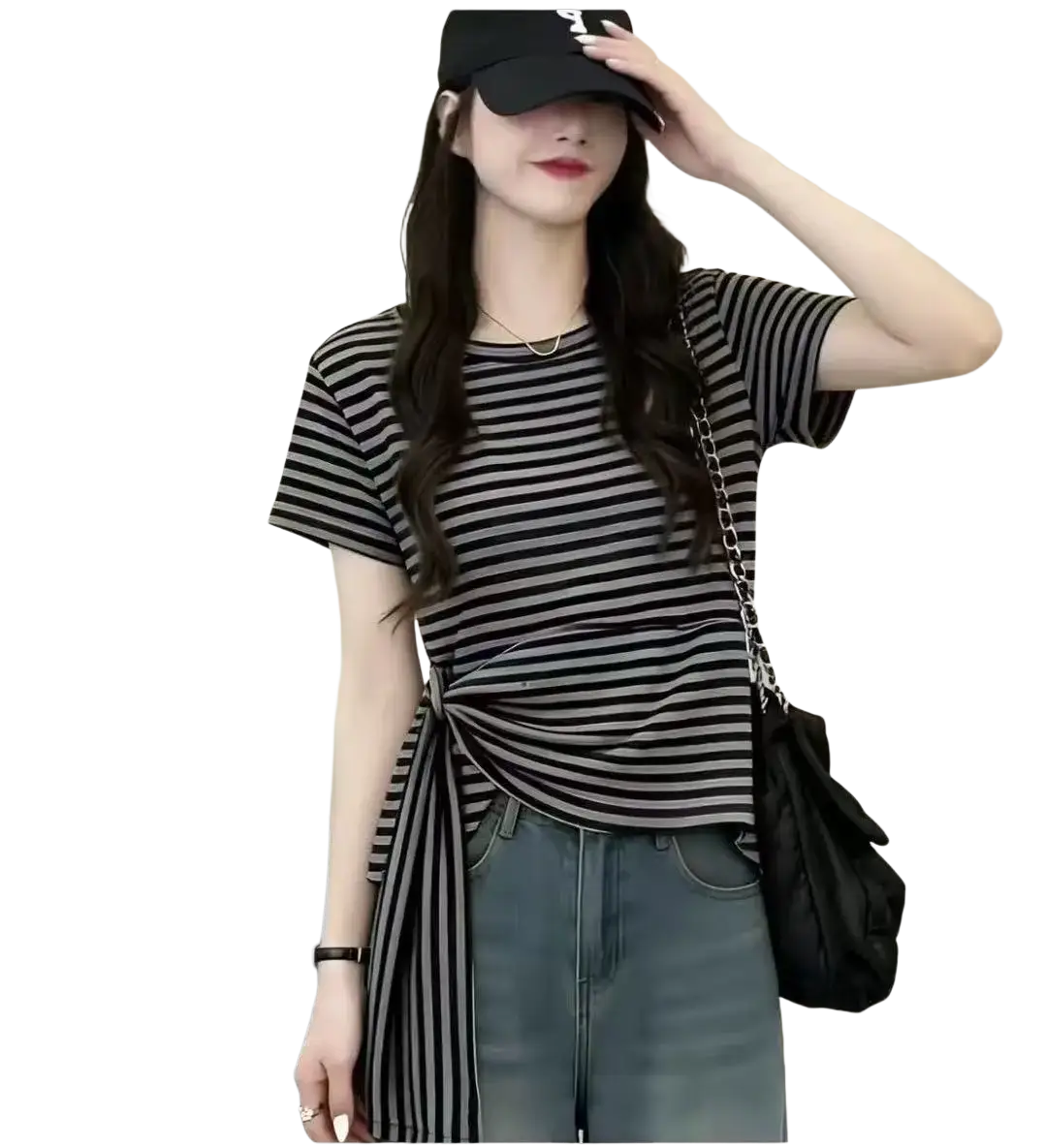 Women knotted casual summer t shirt in black and white stripes with short sleeves and tied waist detail
