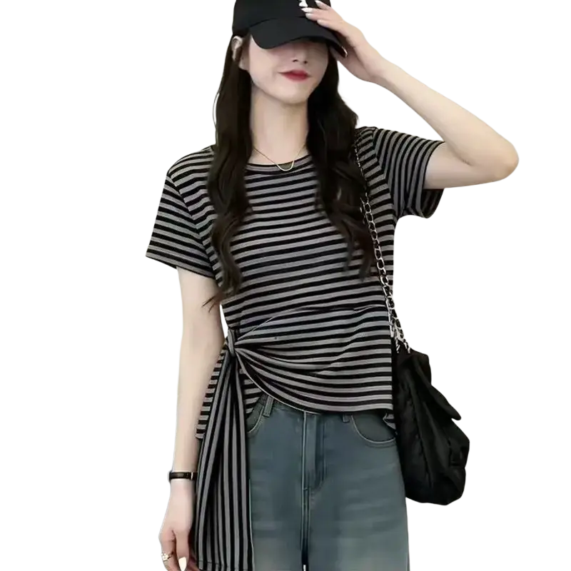 Women knotted casual summer t shirt in black and white stripes with short sleeves and side knot detail