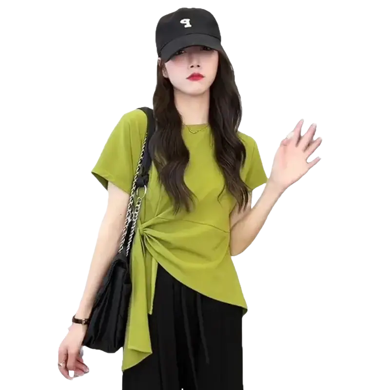 Olive green knotted casual summer t shirt for women with short sleeves made from lightweight breathable fabric