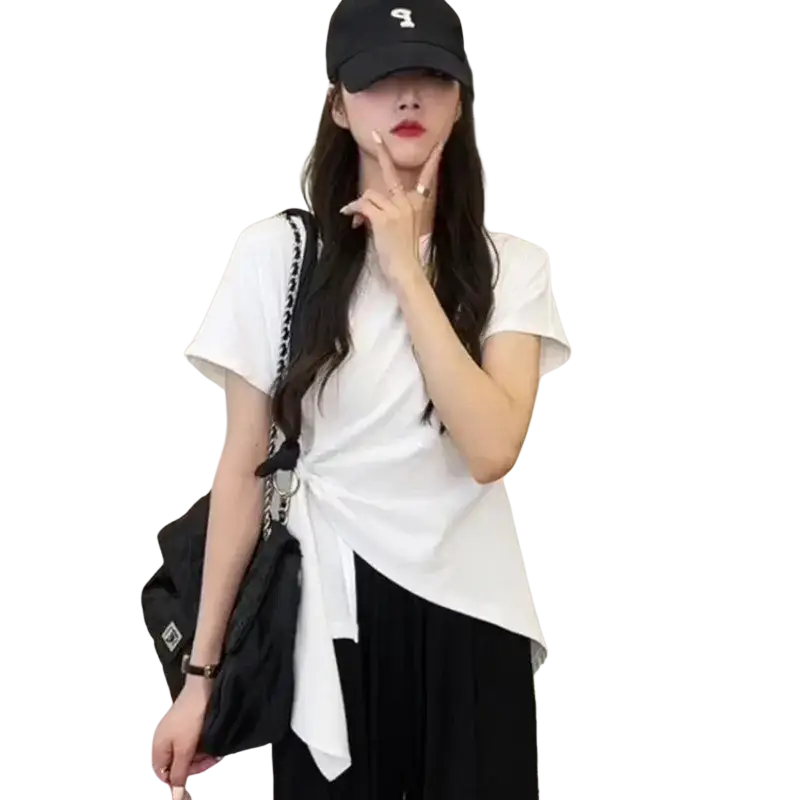 White knotted casual summer t shirt with short sleeves, relaxed fit, and asymmetrical hemline for women