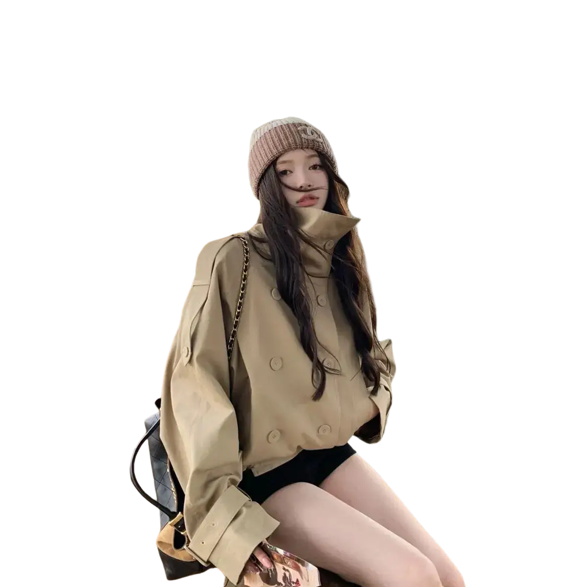 Women Korean trench coat beige utility jacket with double-breasted buttons and wide cuffs in soft fabric