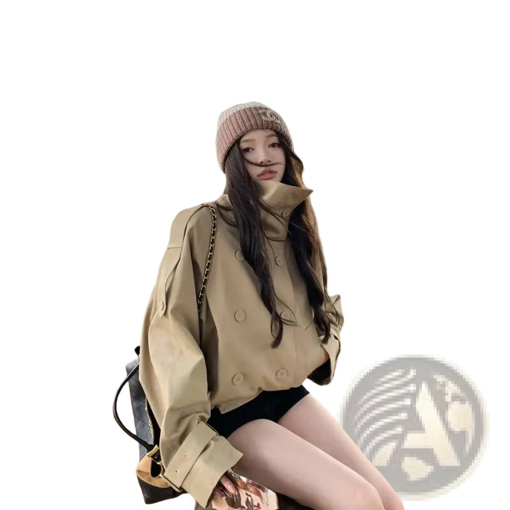 Women Korean trench coat beige utility jacket with double-breasted buttons and wide cuffs in soft fabric