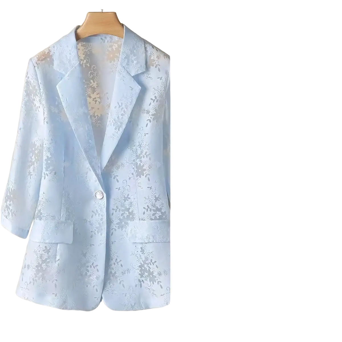 Light blue women lace blazer with delicate floral embroidery and pearl-like buttons for summer sun protection