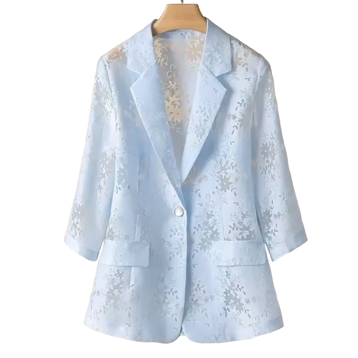 Light blue lace blazer with floral embroidery and subtle sheen for summer sun protection jacket for women