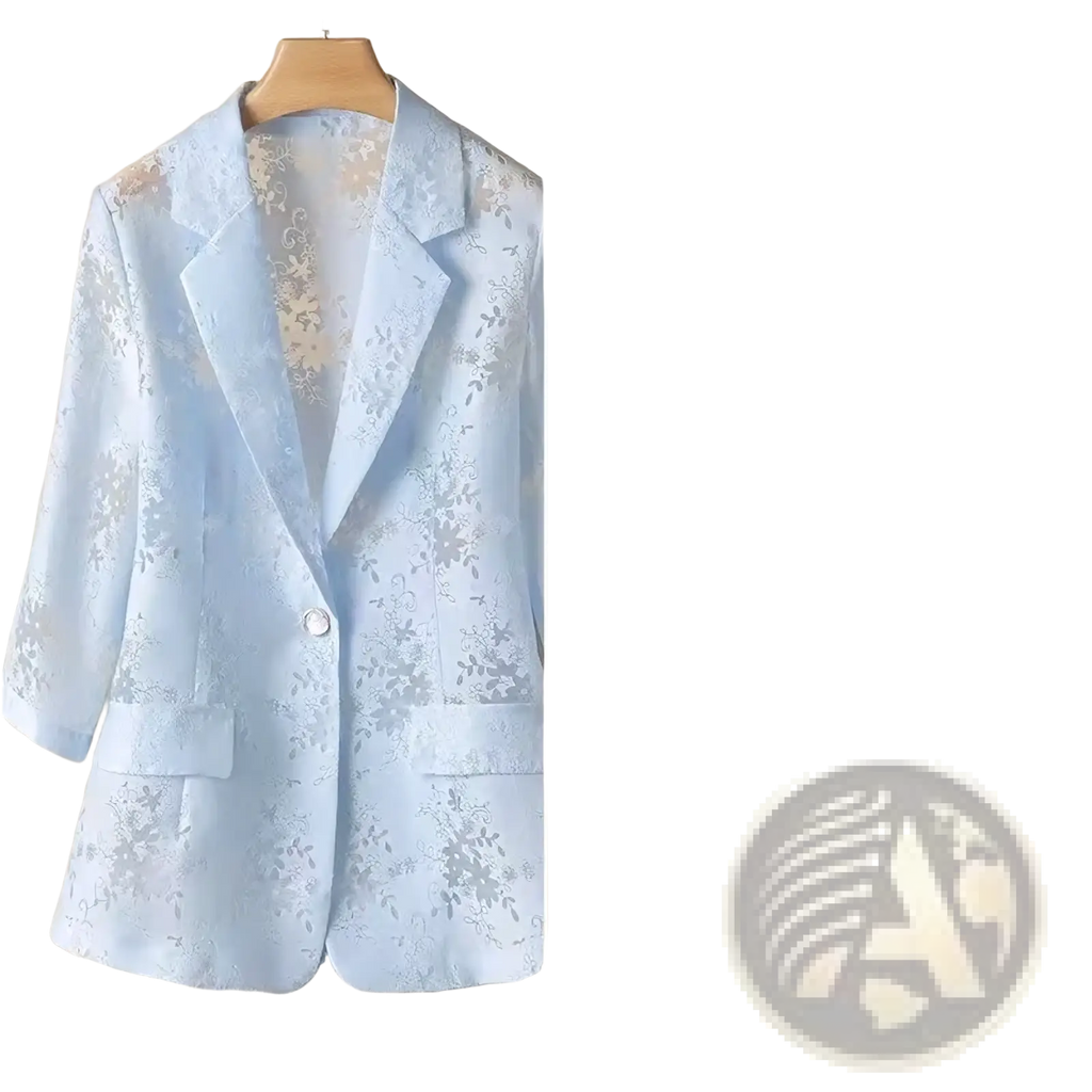 Light blue women lace blazer with delicate floral embroidery and pearl-like buttons for summer sun protection