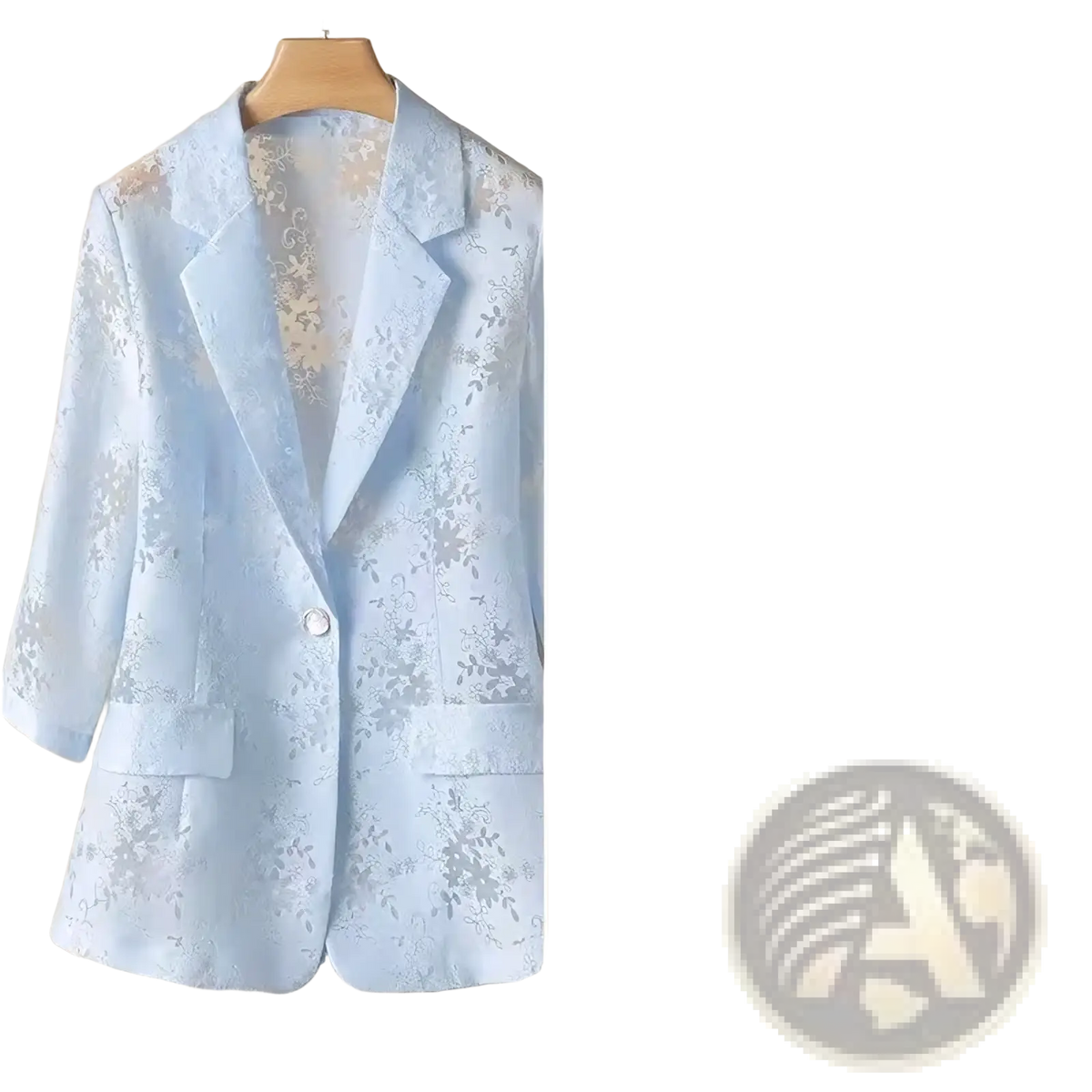 Light blue women lace blazer with delicate floral embroidery and pearl-like buttons for summer sun protection