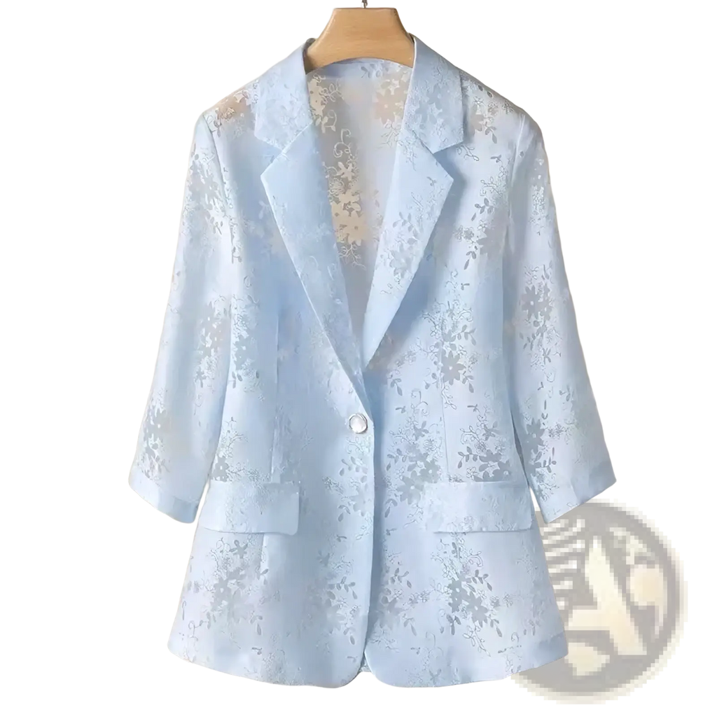 Light blue lace blazer with floral embroidery and subtle sheen for summer sun protection jacket for women