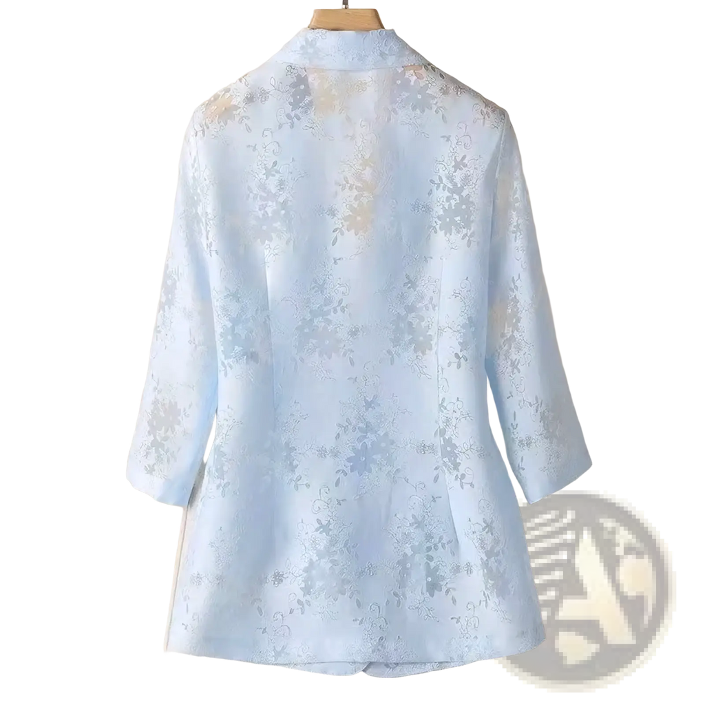 Women lace blazer summer sun protection jacket in light blue sheer fabric with delicate floral embroidery