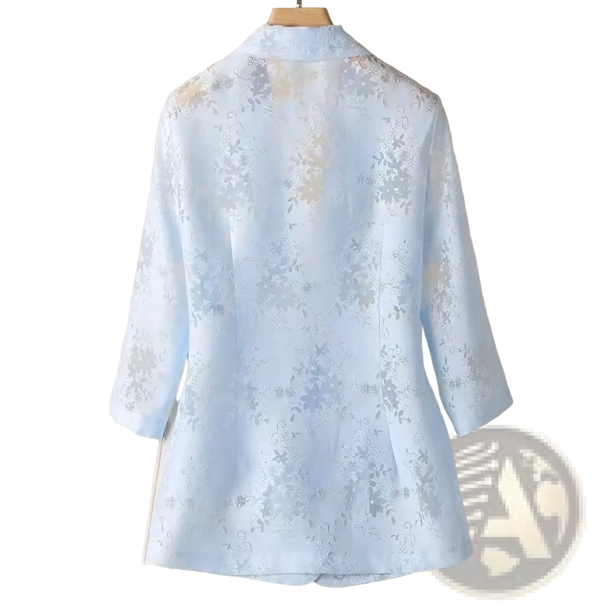 Women lace blazer summer sun protection jacket in light blue sheer fabric with delicate floral embroidery