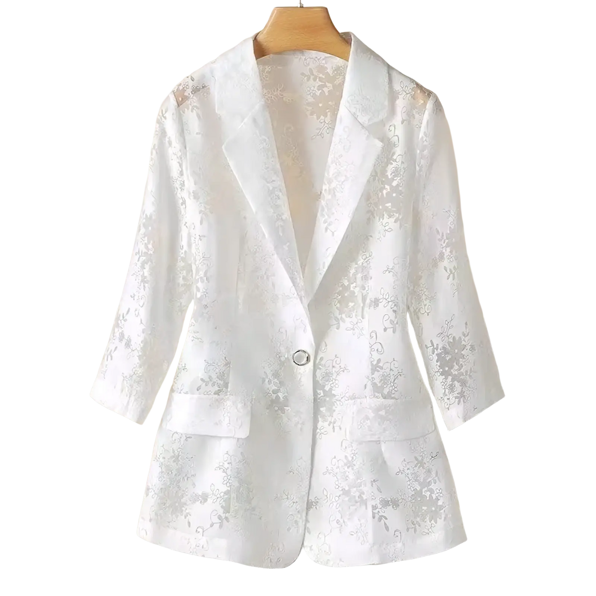 White lace blazer with delicate floral embroidery and three-quarter sleeves for summer sun protection
