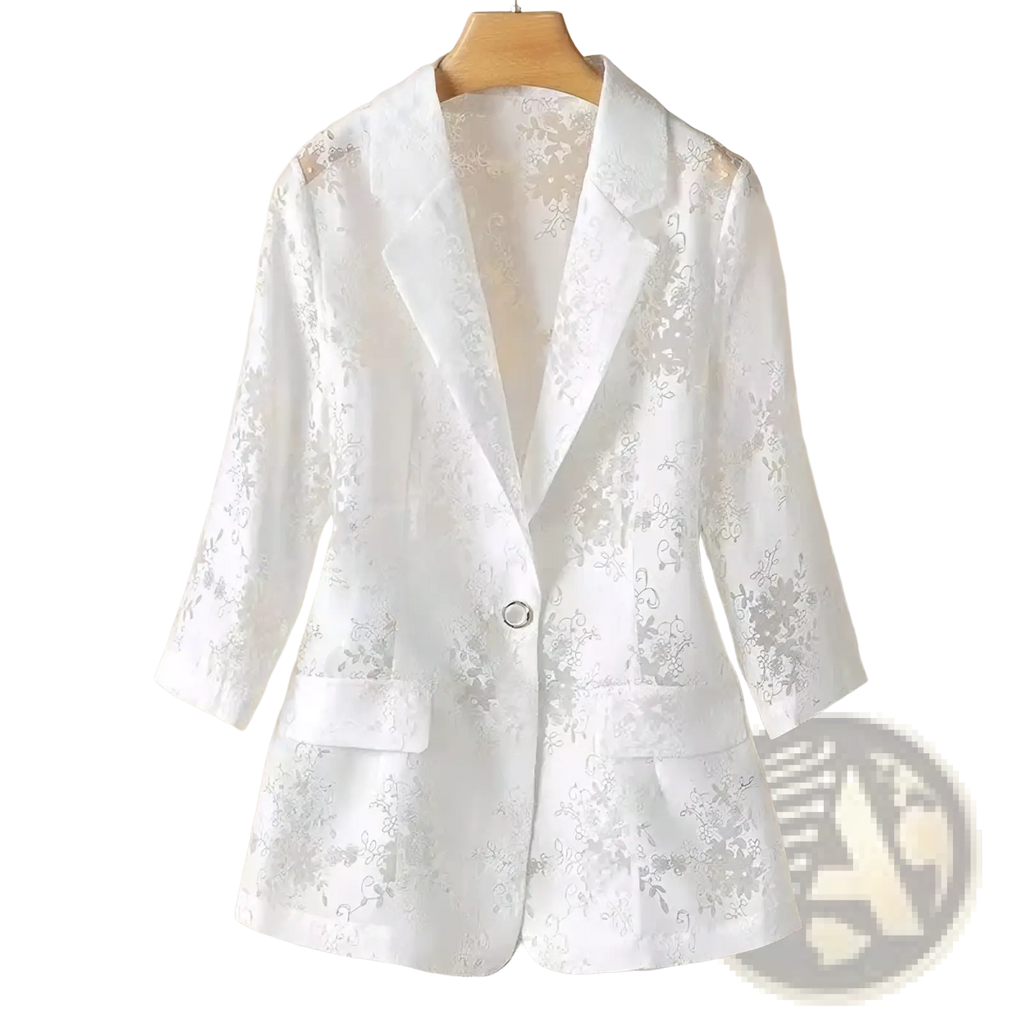 White lace-patterned women lace blazer with three-quarter sleeves and single button closure for summer sun protection