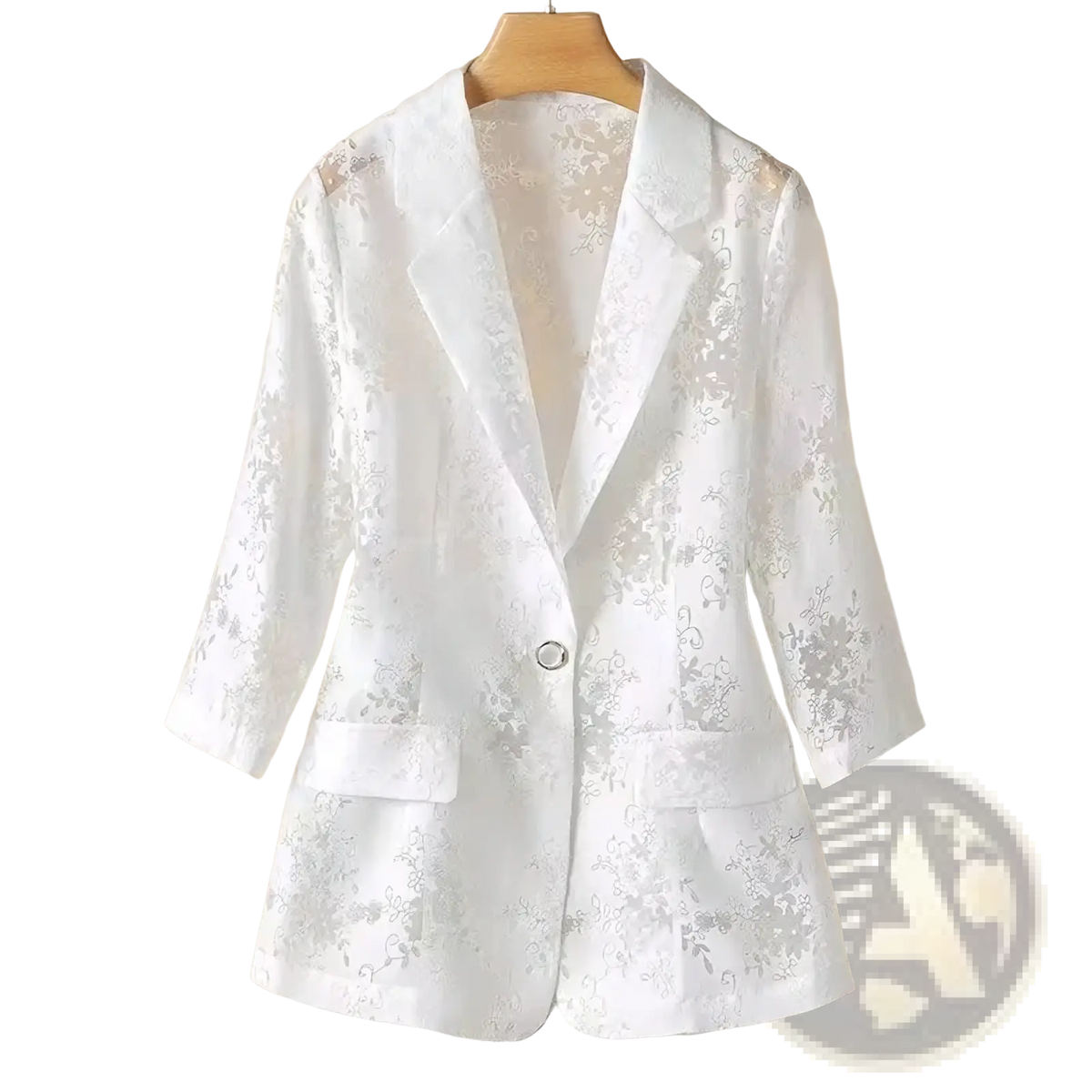 White lace-patterned women lace blazer with three-quarter sleeves and single button closure for summer sun protection