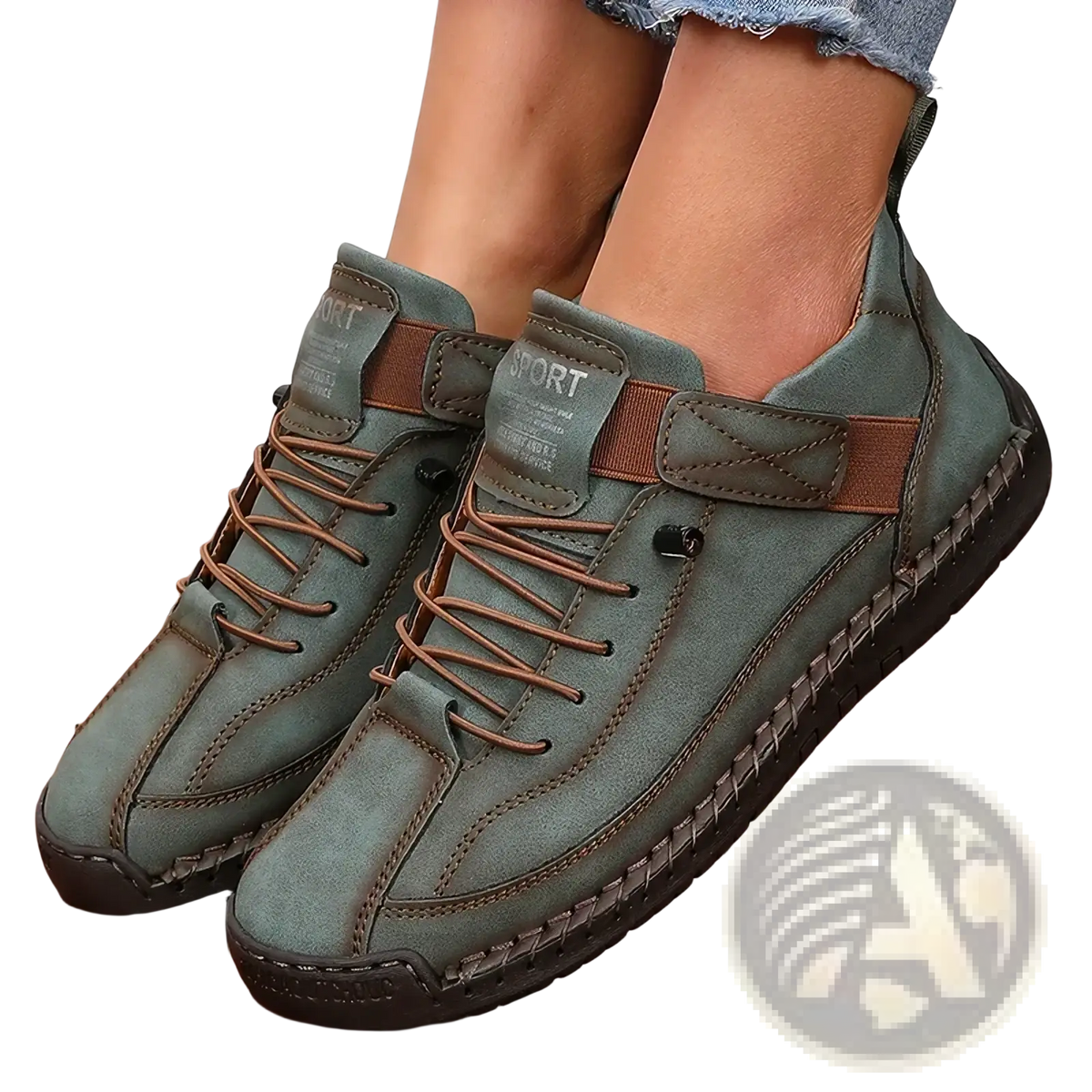 Women leather ankle boots olive green suede sneakers with brown laces and ankle strap shown from the back side