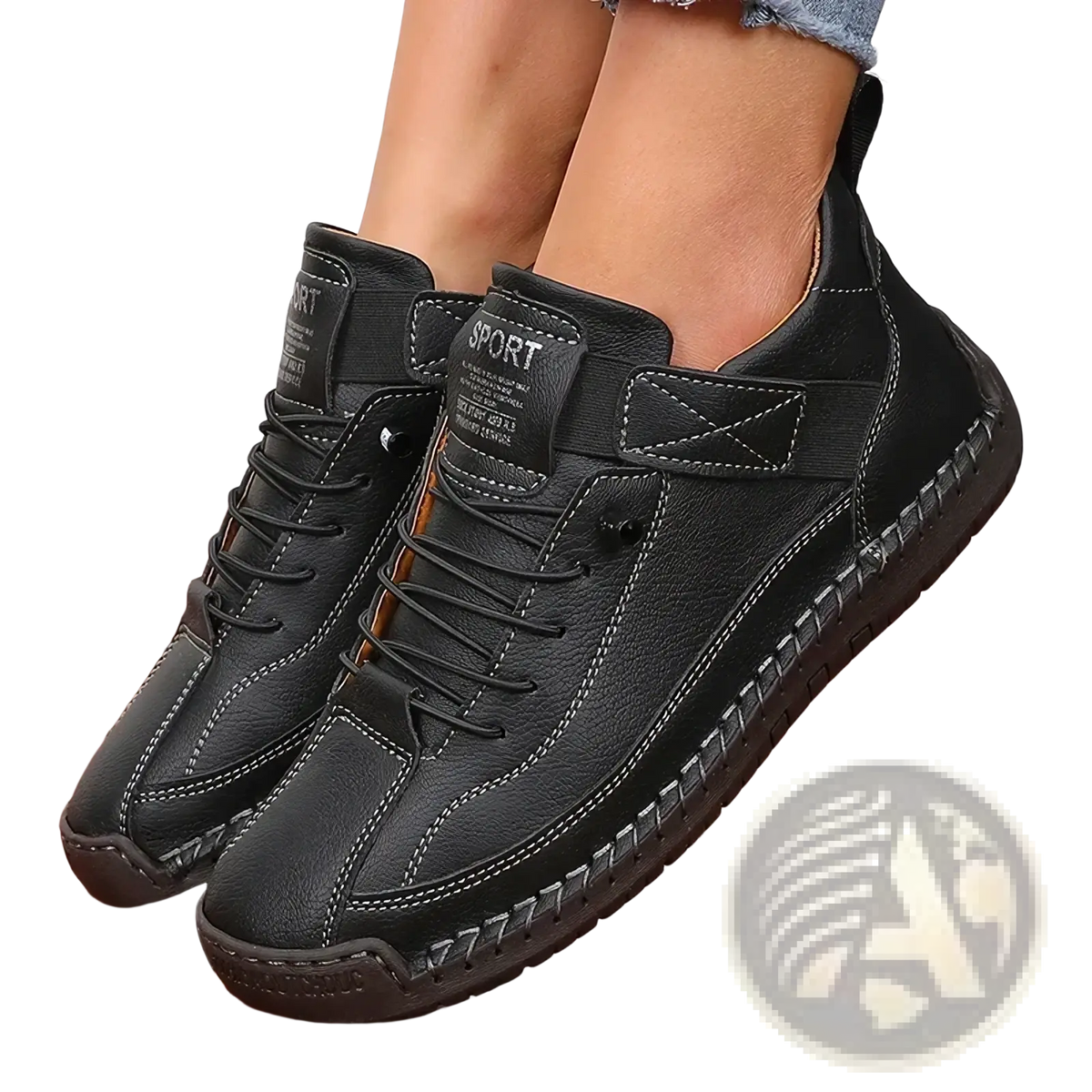Black leather lace-up sneakers with textured upper, white stitching, and adjustable ankle strap in olive green suede style