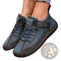 Blue leather high-top sneakers with navy laces and black sole featuring sport label for women in olive green suede boots product line