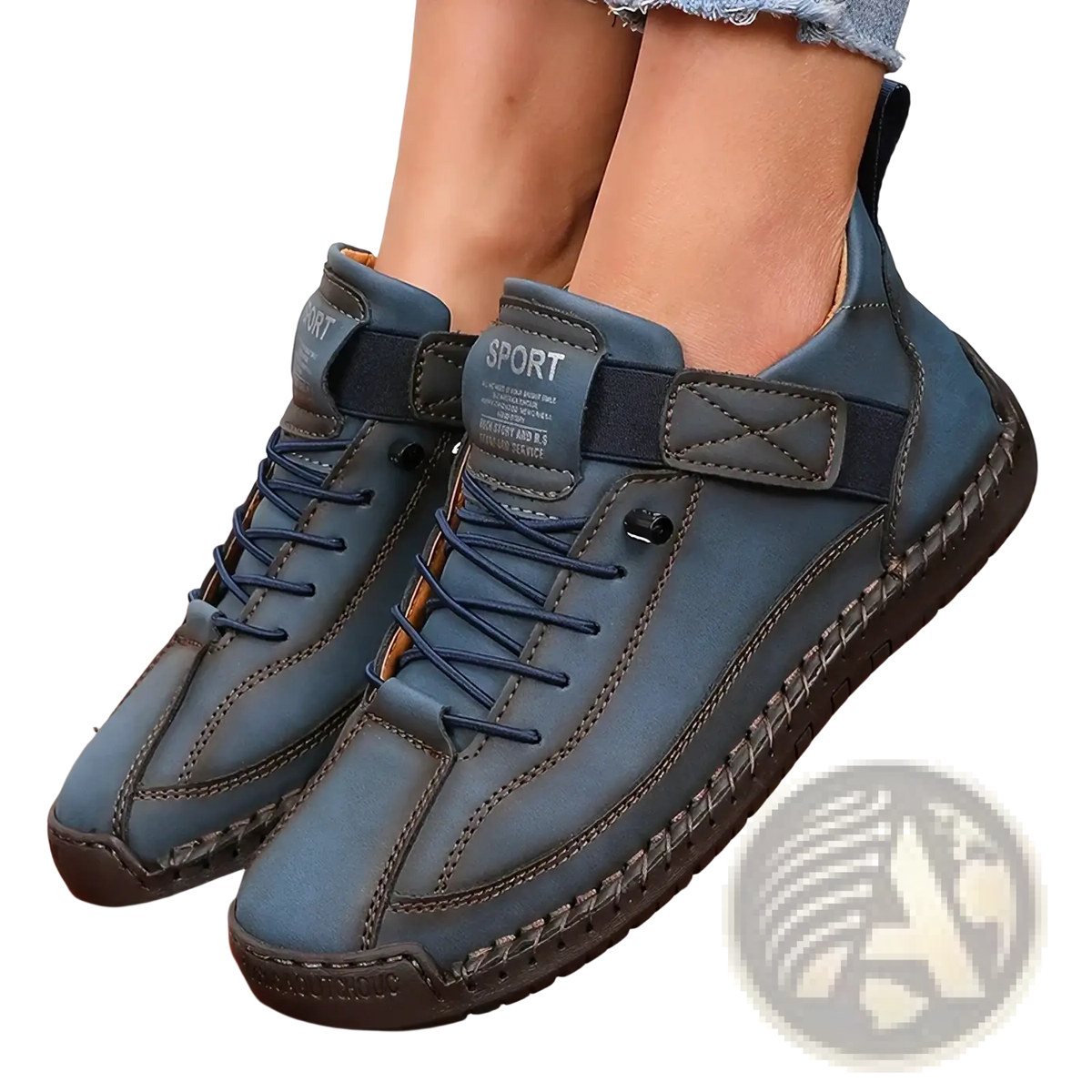 Blue leather high-top sneakers with navy laces and black sole featuring sport label for women in olive green suede boots product line