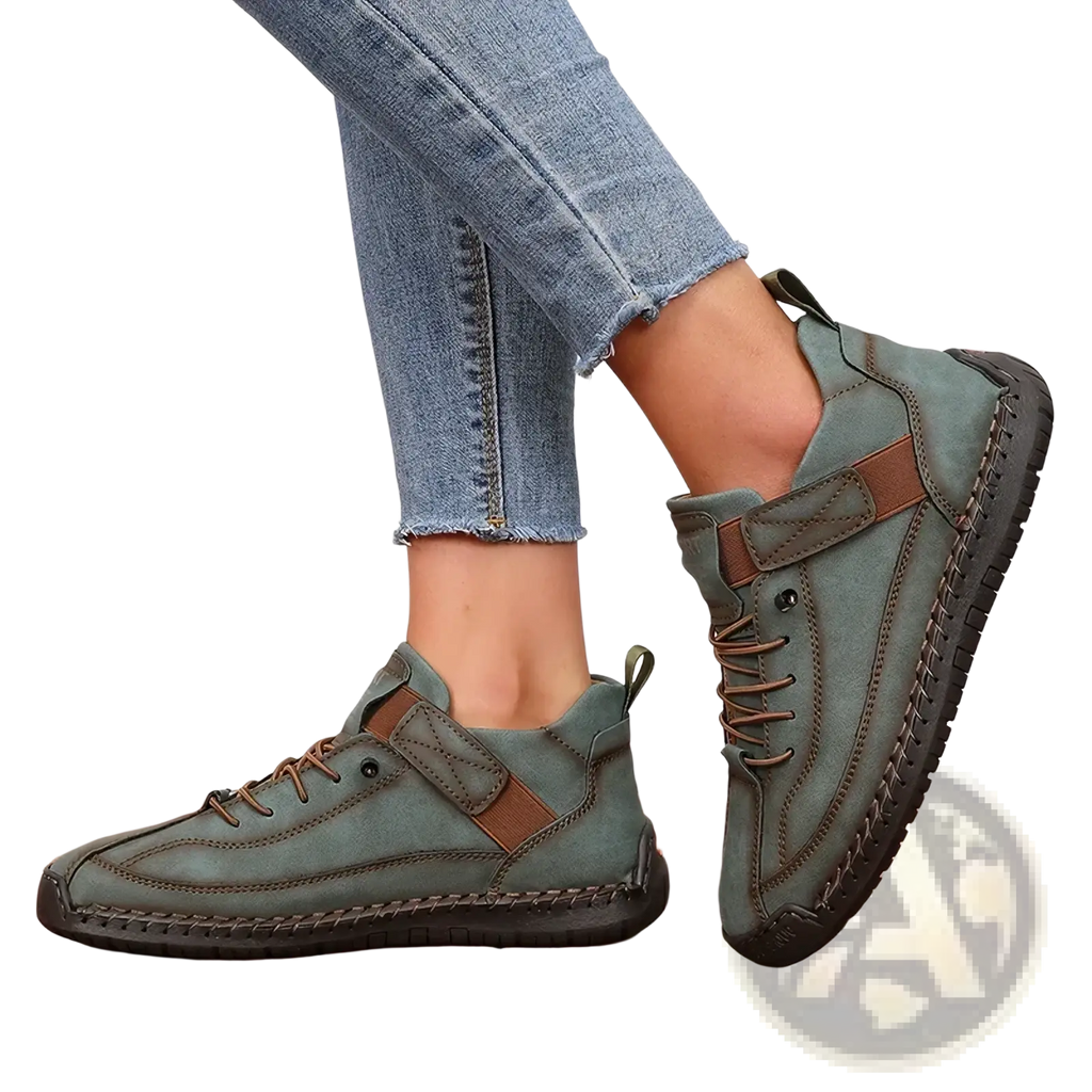Women leather ankle boots olive green suede sneakers with brown accents and rugged stitched high-top design
