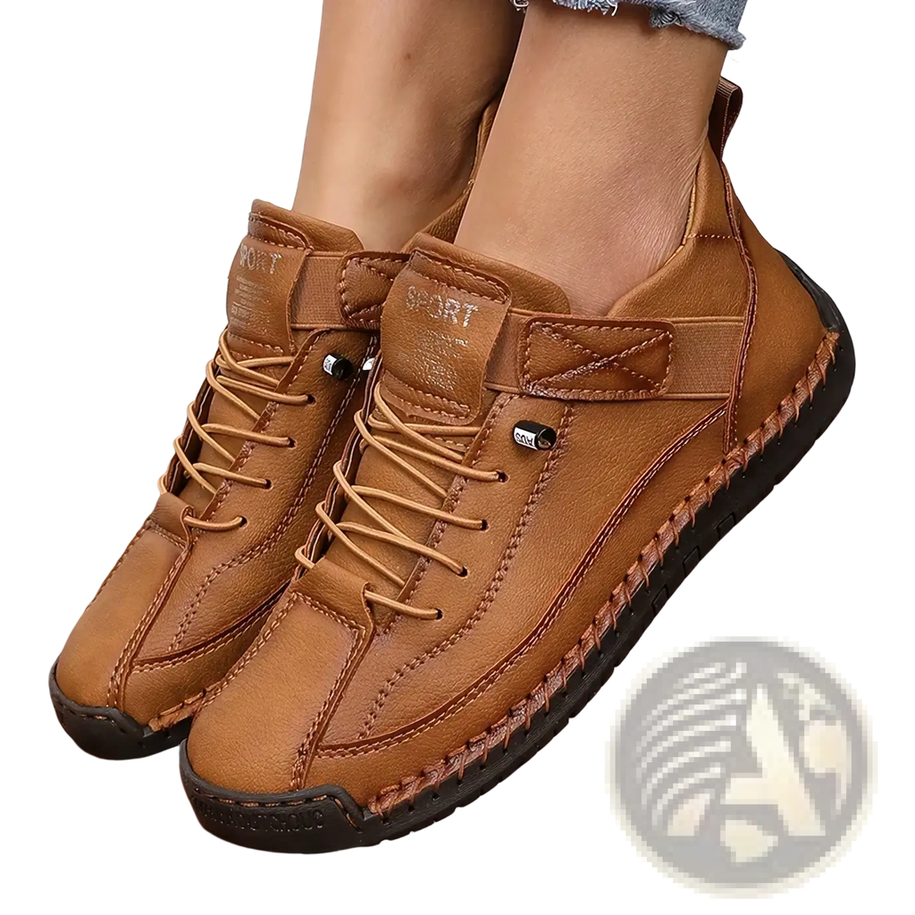 Brown leather lace-up ankle boots with stitched sole and black rubber outsole for women in olive green suede sneakers style