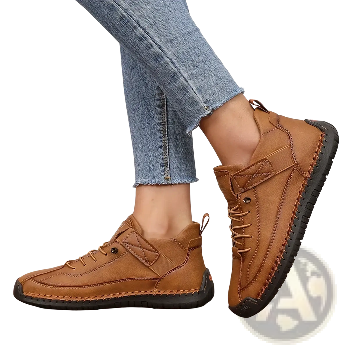 Brown leather lace-up ankle boots with black rubber soles and visible stitching details for women