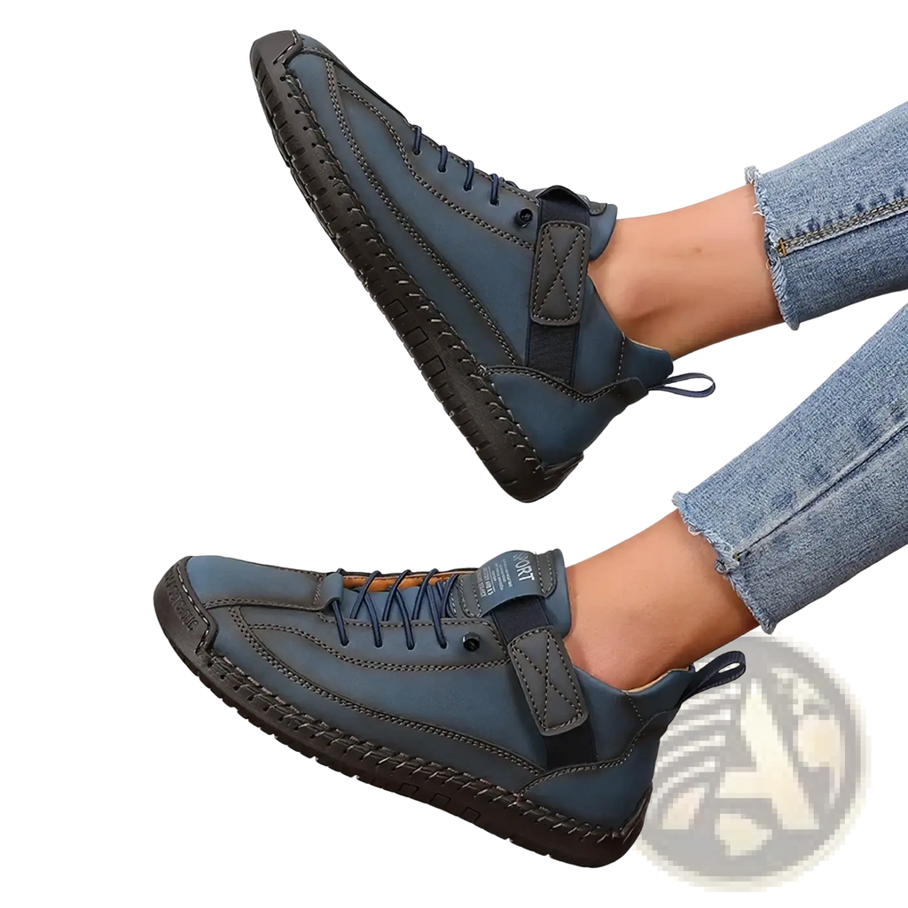 Dark blue leather lace-up women ankle boots with black rubber soles and stitched detailing for stylish wear