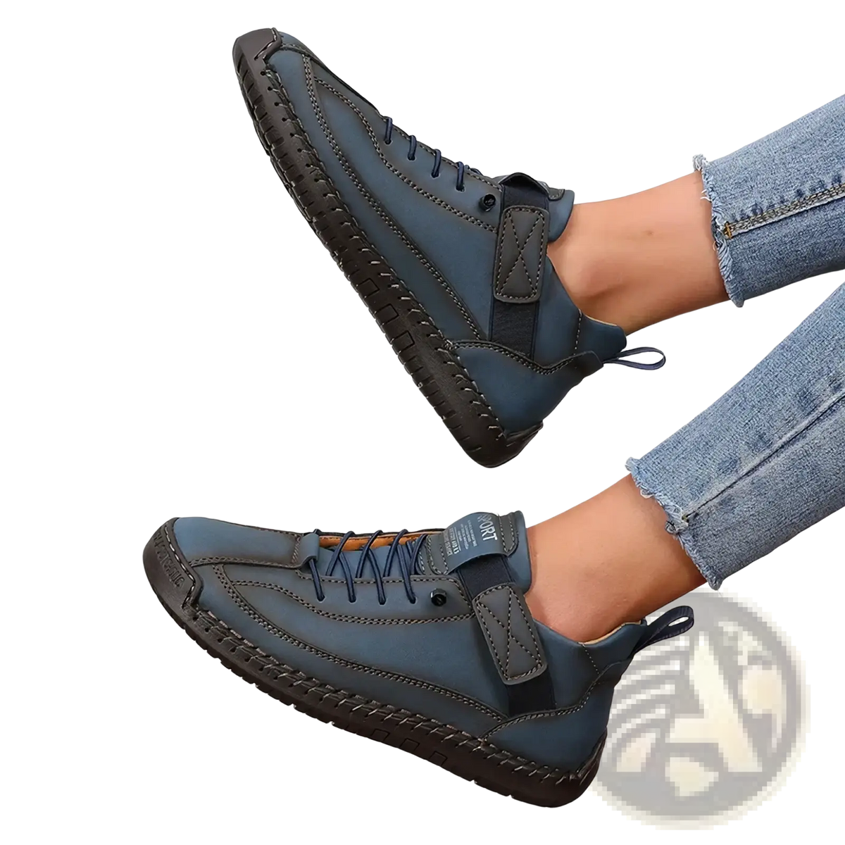 Dark blue leather lace-up women ankle boots with black rubber soles and stitched detailing for stylish wear