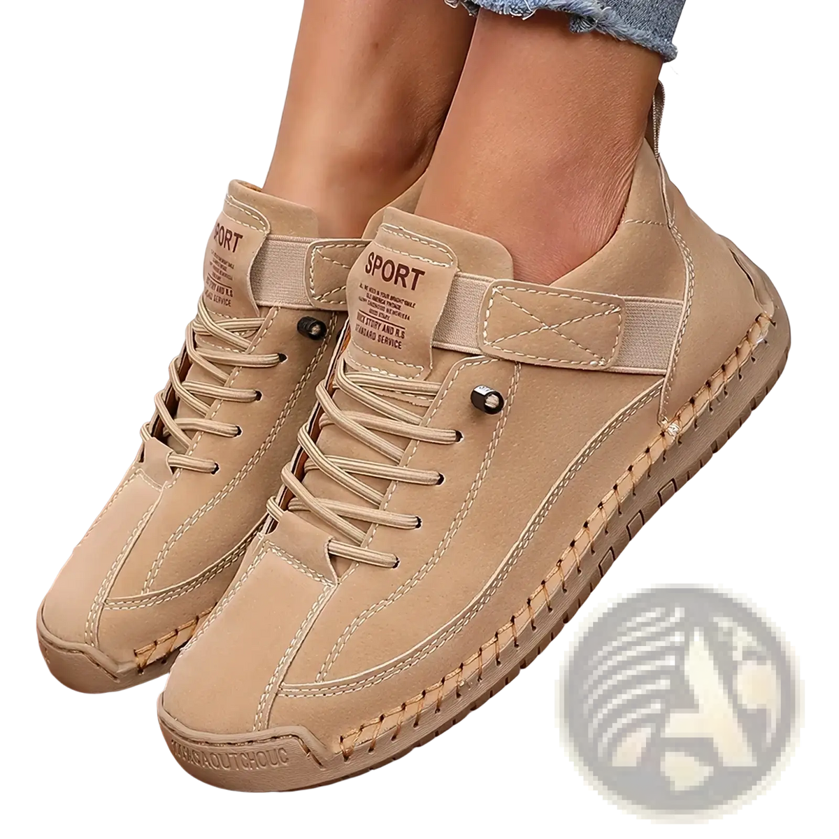 Beige suede high-top sneakers with lace-up front elastic side straps and stitched rubber sole for women