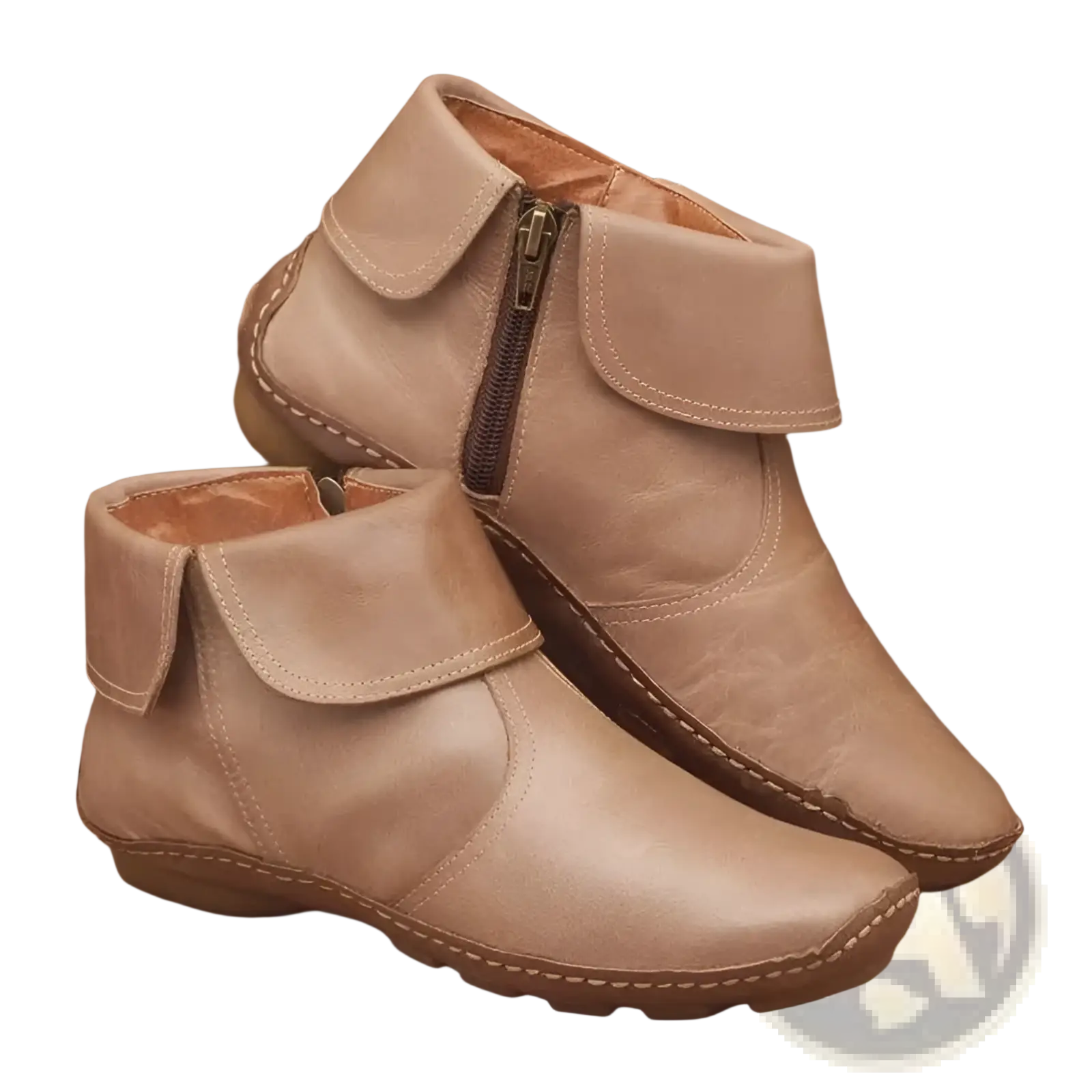 Beige leather women ankle boots with inner side zipper and visible stitching along the edges