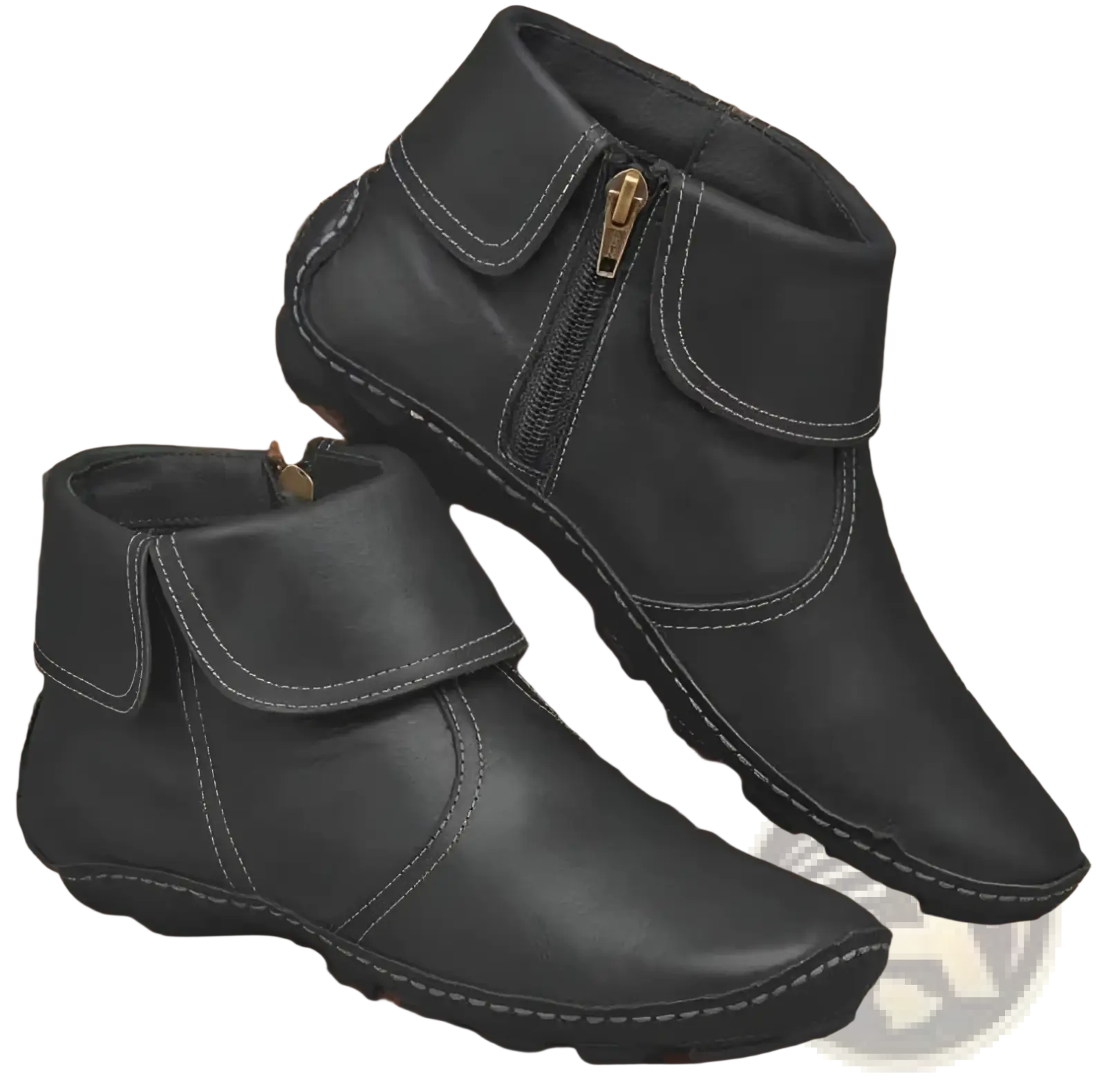 Black leather women ankle boots with white stitching and gold side zipper accents
