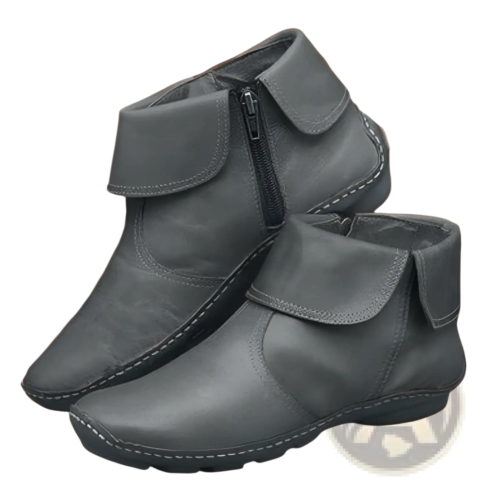 Women leather ankle boots in gray leather with side zipper and white stitching showcasing soft worn texture