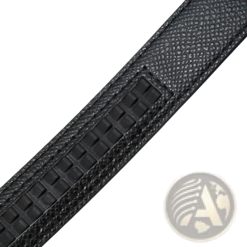 Black textured leather strap with pebbled finish and precise stitching on women leather belt automatic buckle thin waistband