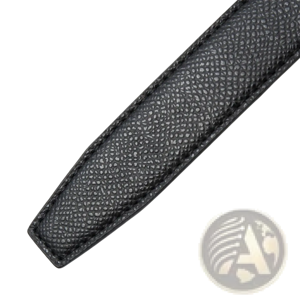 Black textured leather watch strap with precise stitching shown as a component of women leather belt automatic buckle thin waistband