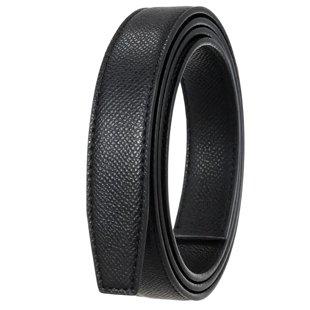Black textured women leather belt with sleek coiled design and automatic buckle thin waistband accessory