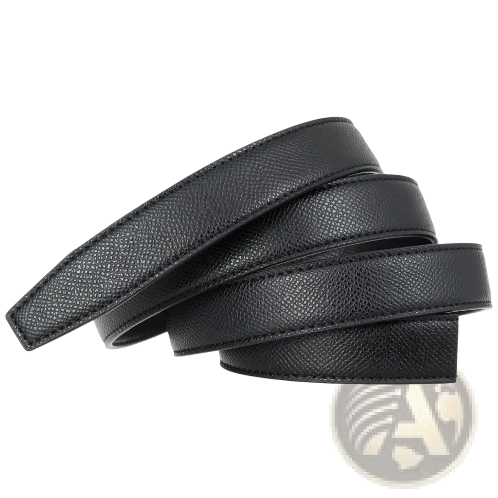 Black textured leather women leather belt with thin waistband and automatic buckle featuring precise edge stitching