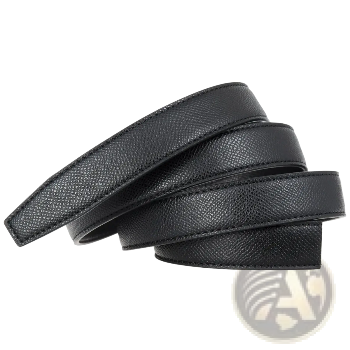Black textured leather women leather belt with thin waistband and automatic buckle featuring precise edge stitching