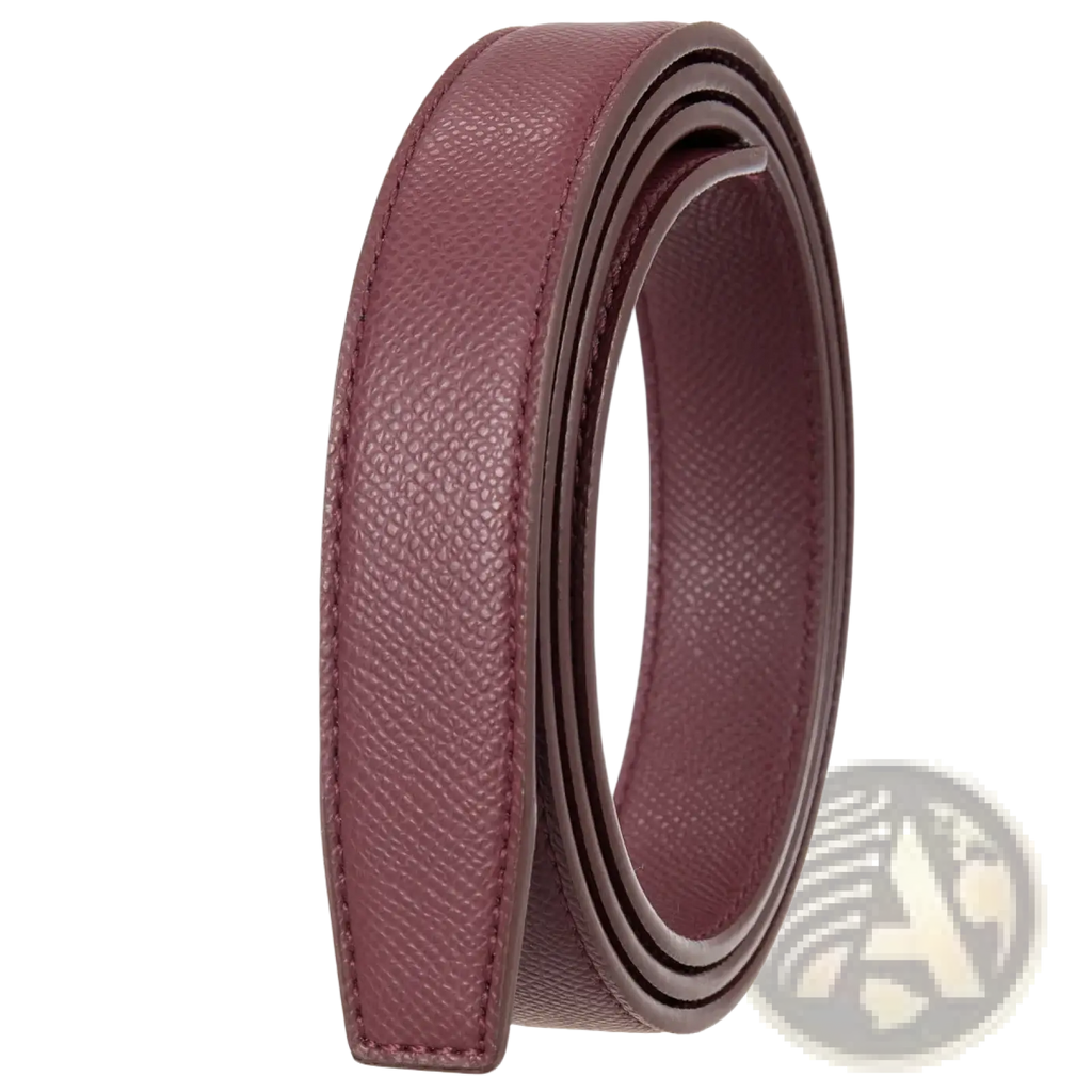 A coiled burgundy leather women leather belt with a textured surface and precise stitching along the edges