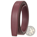 A coiled burgundy leather women leather belt with a textured surface and precise stitching along the edges