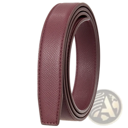 A coiled burgundy leather women leather belt with a textured surface and precise stitching along the edges