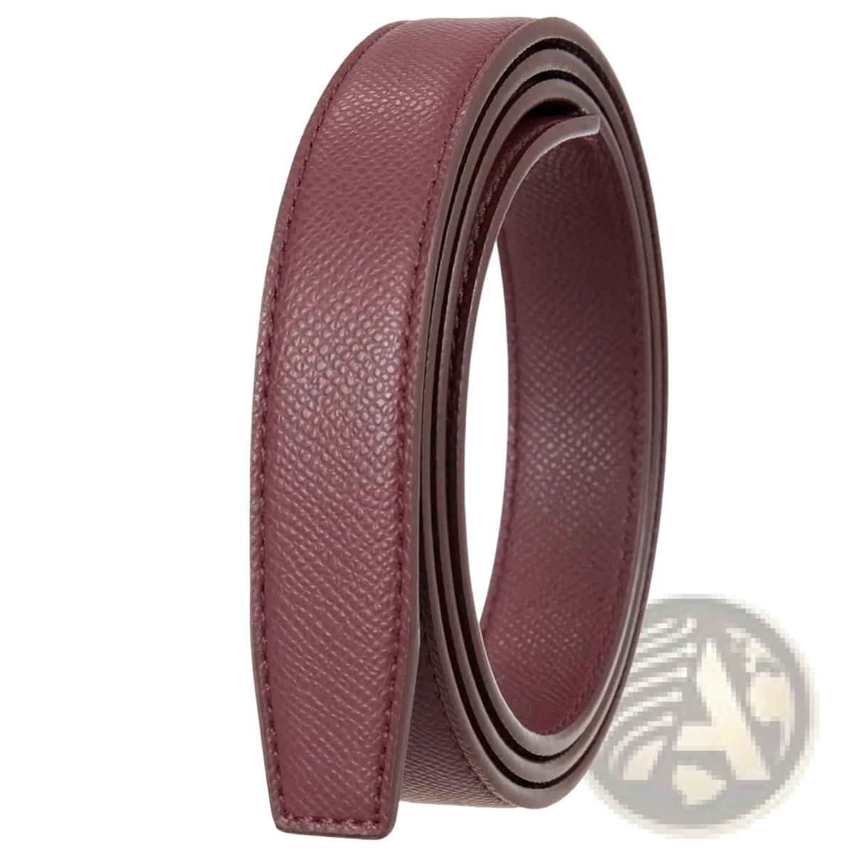 A coiled burgundy leather women leather belt with a textured surface and precise stitching along the edges